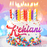A cheerful white birthday cake with multicolor sprinkles, lit candles, and 'Kehlani' written in vibrant letters, in an animated GIF.