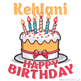 Cartoon birthday cake with a red bow, glowing candles, and 'Kehlani Happy Birthday' text in bold animated style.