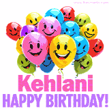 Animated colorful and joyful birthday balloons with cheerful smiles and a bright 'Happy Birthday Kehlani!' message in pink and purple.