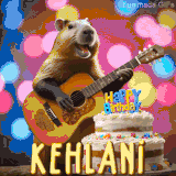 Animated birthday GIF showing a capybara playing guitar and singing beside a birthday cake with the name Kehlani in large letters and colorful bokeh lights in the background.