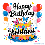 An animated birthday card for Kehlani. It features a festive cake with her name, 'Kehlani', and colorful butterflies. Floating balloons and hearts complete the joyful scene.