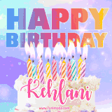 A vibrant animated name GIF with the words 'Happy Birthday Kehlani' with colorful candles on a creamy cake. The background sparkles with pastel shades, adding a festive touch.