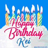 A cheerful animated GIF featuring colorful lit birthday candles on a white cake, with the text 'Happy Birthday Kei' in bold red and blue script on a bright blue background.