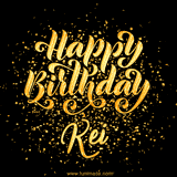 Animated GIF with colorful, festive 'Happy Birthday Kei' text decorated with patterns, a party hat, and falling confetti. A vibrant and cheerful design for birthday celebrations.