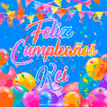 A vibrant animated GIF with 'Feliz Cumpleaños Kei' written in colorful script, surrounded by balloons, confetti, and bunting on a bright blue background.