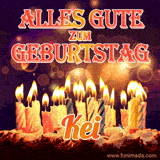 An animated GIF featuring 'Alles Gute Zum Geburtstag Kei' in glowing red and gold letters above a cake with colorful lit candles, set against a festive sparkling background.