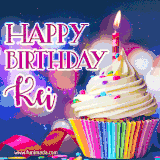 A festive animated GIF featuring a colorful cupcake with a single lit candle, sprinkles, and 'Happy Birthday Kei' text against a sparkling, celebratory background.