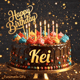 Happy Birthday Kei animated image showcasing a decorated chocolate cake on a pedestal with glowing candles.