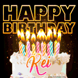 A vibrant animated GIF featuring a delicious birthday cake topped with glowing candles and the name 'Kei' in elegant script, and the words 'Happy Birthday' on the black background.