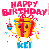 A funny animated birthday GIF with the words 'Happy Birthday Keia', colorful gift box with arms and legs, holding a cupcake with a lit candle  with confetti everywhere.