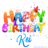 Animated GIF with colorful, festive 'Happy Birthday Kei' text decorated with patterns, a party hat, and falling confetti. A vibrant and cheerful design for birthday celebrations.