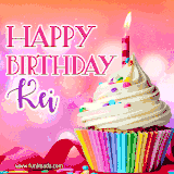 A vibrant birthday GIF featuring a rainbow-colored cupcake topped with white frosting, sprinkles, and a lit candle. The text reads 'Happy Birthday Kei' in bold pink and violet letters with white outline.