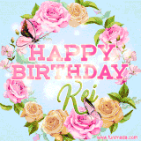 A charming animated GIF featuring 'Happy Birthday Kei' in pink and green text, surrounded by delicate roses, leaves, and fluttering butterflies on a soft light blue pastel background.