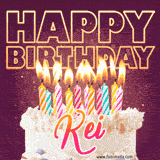A colorful birthday cake topped with lit candles, with the words 'Happy Birthday Kei' in bold glowing letters on a burgundy background. Animated flames add a festive touch.