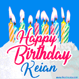 A cheerful animated GIF featuring colorful lit birthday candles on a white cake, with the text 'Happy Birthday Keian' in bold red and blue script on a bright blue background.
