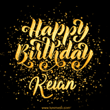 Animated GIF with colorful, festive 'Happy Birthday Keian' text decorated with patterns, a party hat, and falling confetti. A vibrant and cheerful design for birthday celebrations.