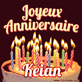 A Happy Birthday GIF in French featuring a festive birthday cake adorned with bright candles and the glowing text 'Joyeux Anniversaire Keian' in a cheerful style.