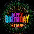 A colorful animated GIF featuring the text 'Happy Birthday Keian!' in rainbow colors with a dynamic iridescent firework display in the background.