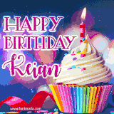 A festive animated GIF featuring a colorful cupcake with a single lit candle, sprinkles, and 'Happy Birthday Keian' text against a sparkling, celebratory background.