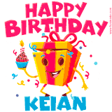 A funny animated birthday GIF with the words 'Happy Birthday Keiana', colorful gift box with arms and legs, holding a cupcake with a lit candle  with confetti everywhere.