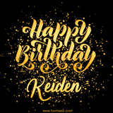 Animated GIF with colorful, festive 'Happy Birthday Keiden' text decorated with patterns, a party hat, and falling confetti. A vibrant and cheerful design for birthday celebrations.