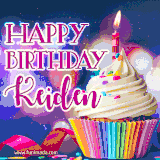 A festive animated GIF featuring a colorful cupcake with a single lit candle, sprinkles, and 'Happy Birthday Keiden' text against a sparkling, celebratory background.
