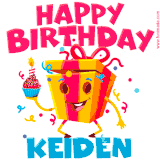 A funny animated birthday GIF with the words 'Happy Birthday Keidena', colorful gift box with arms and legs, holding a cupcake with a lit candle  with confetti everywhere.