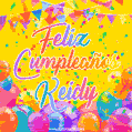 A bright and festive GIF with the text 'Feliz Cumpleaños Keidy' in Spanish in colorful fonts, surrounded by confetti, balloons, and festive banners on a vibrant yellow background.