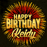 Golden 'Happy Birthday Keidy' text accompanied by animated rainbow fireworks for a festive animated greeting.