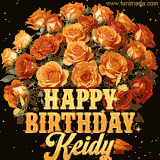 Animated bouquet of orange roses with moving butterfles and golden 'Happy Birthday Keidy' text, surrounded by sparkling accents and a dark backdrop for a luxurious feel.