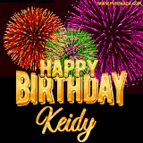 A golden 'Happy Birthday Keidy' message with vibrant fireworks in the background, creating a festive and celebratory vibe in this animated name GIF.