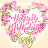 A stunning heart made of pink roses surrounds the elegant script text 'Happy Birthday Keidy' on a soft beige background. Animated sparkles add a magical and festive feel.