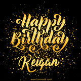 Animated GIF with colorful, festive 'Happy Birthday Keigan' text decorated with patterns, a party hat, and falling confetti. A vibrant and cheerful design for birthday celebrations.