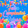 A vibrant animated GIF with 'Feliz Cumpleaños Keigan' written in colorful script, surrounded by balloons, confetti, and bunting on a bright blue background.