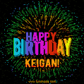 A colorful animated GIF featuring the text 'Happy Birthday Keigan!' in rainbow colors with a dynamic iridescent firework display in the background.
