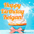 A cheerful animated GIF of a cupcake with creamy frosting, a red checkered ribbon, and a bright sparkler on top. The text 'Happy Birthday Keigan!' is displayed in vibrant orange and red.