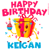 A funny animated birthday GIF with the words 'Happy Birthday Keigana', colorful gift box with arms and legs, holding a cupcake with a lit candle  with confetti everywhere.