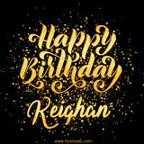 Animated GIF with colorful, festive 'Happy Birthday Keighan' text decorated with patterns, a party hat, and falling confetti. A vibrant and cheerful design for birthday celebrations.