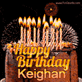A rich chocolate cake topped with glowing birthday candles and surrounded by bright fireworks. The animated GIF displays the message 'Happy Birthday Keighan' in golden text.