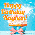 A cheerful animated GIF of a cupcake with creamy frosting, a red checkered ribbon, and a bright sparkler on top. The text 'Happy Birthday Keighan!' is displayed in vibrant orange and red.
