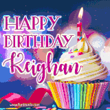 A festive animated GIF featuring a colorful cupcake with a single lit candle, sprinkles, and 'Happy Birthday Keighan' text against a sparkling, celebratory background.