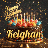 Cute chocolate cake animation with Keighan's name, decorated with glowing birthday candles and multicolored icing.