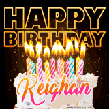 A vibrant animated GIF featuring a delicious birthday cake topped with glowing candles and the name 'Keighan' in elegant script, and the words 'Happy Birthday' on the black background.