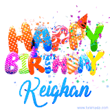 Animated GIF with colorful, festive 'Happy Birthday Keighan' text decorated with patterns, a party hat, and falling confetti. A vibrant and cheerful design for birthday celebrations.