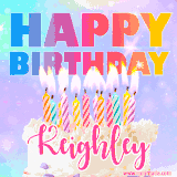 A vibrant animated name GIF with the words 'Happy Birthday Keighley' with colorful candles on a creamy cake. The background sparkles with pastel shades, adding a festive touch.