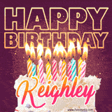 A colorful birthday cake topped with lit candles, with the words 'Happy Birthday Keighley' in bold glowing letters on a burgundy background. Animated flames add a festive touch.