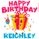 A vibrant and funny gift box character with a happy face dancing with a cupcake and the text 'Happy Birthday Keighley,' surrounded by animated confetti and party vibes.