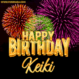 A golden 'Happy Birthday Keiki' message with vibrant fireworks in the background, creating a festive and celebratory vibe in this animated name GIF.