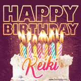 A colorful birthday cake topped with lit candles, with the words 'Happy Birthday Keiki' in bold glowing letters on a burgundy background. Animated flames add a festive touch.