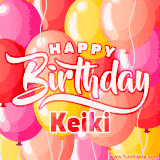 A vibrant name GIF featuring colorful balloons in shades of pink, orange, and yellow with the bold text 'Happy Birthday Keiki' in festive fonts, creating a lively birthday vibe.